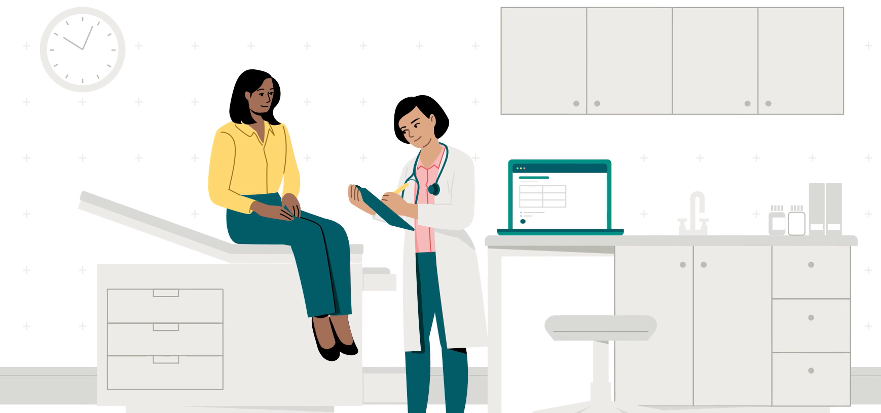 Illustration of a woman talking to her doctor in an exam room.