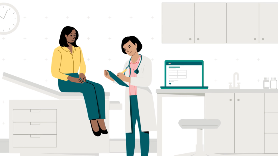 Illustration of a woman talking to her doctor in an exam room.